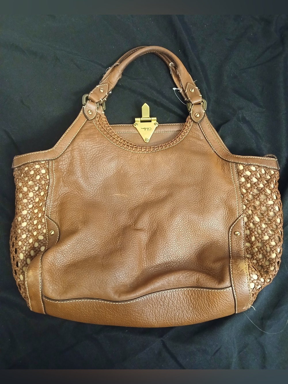 Cole Haan Tan Woven Leather Shoulder Bag with Gold Lock - Picture 9 of 16